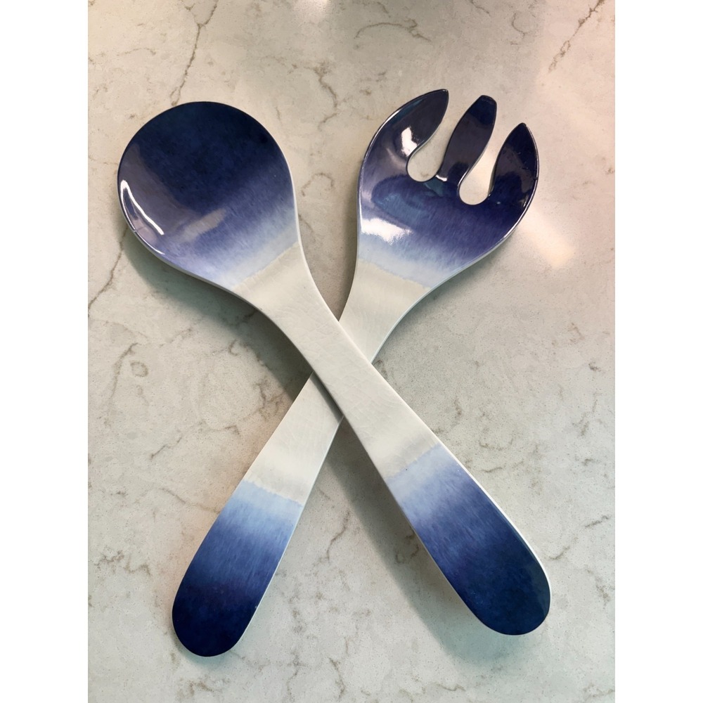 Salad Serve  Spoon Fork‎ Blue White Ombre Melamine Serving Utensils - Picture 4 of 11